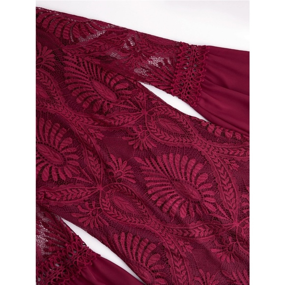 Burgundy Lace Detail Bell Sleeve Bohemian Mini Dress - Picture 8 of 13